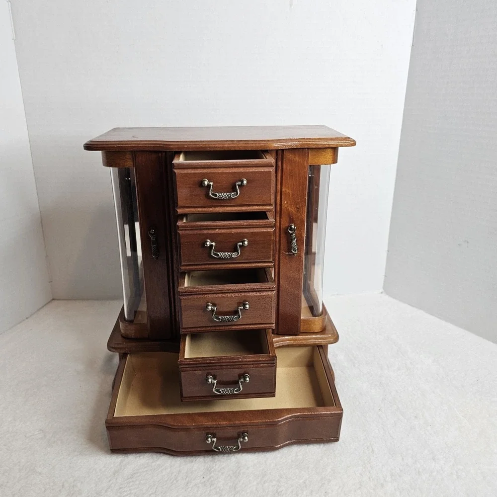 Vintage Wooden Jewelry Armoire Box Glass Side Doors 5 Drawers Brass Pulls Brown